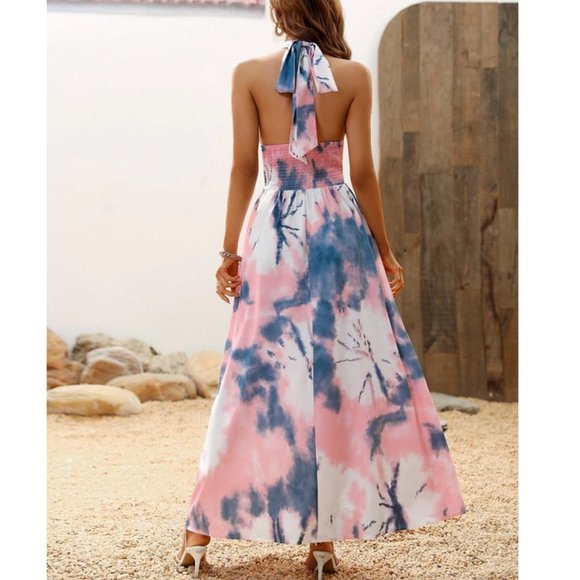 Multicolor Boho Womens Tie Dye Backless Shirred Halter Dress - Picture 6 of 7